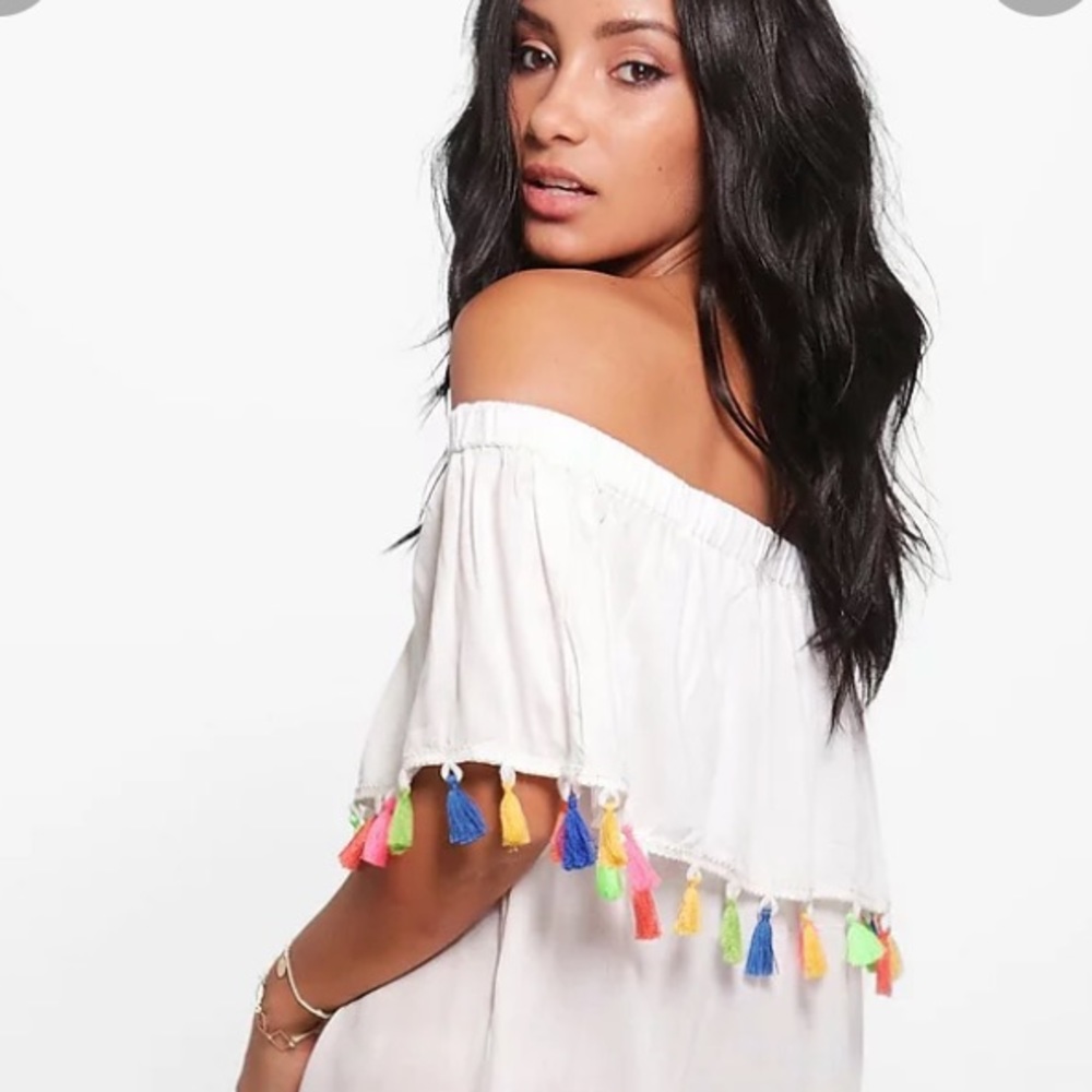 Boohoo white tassel off the shoulder shirt